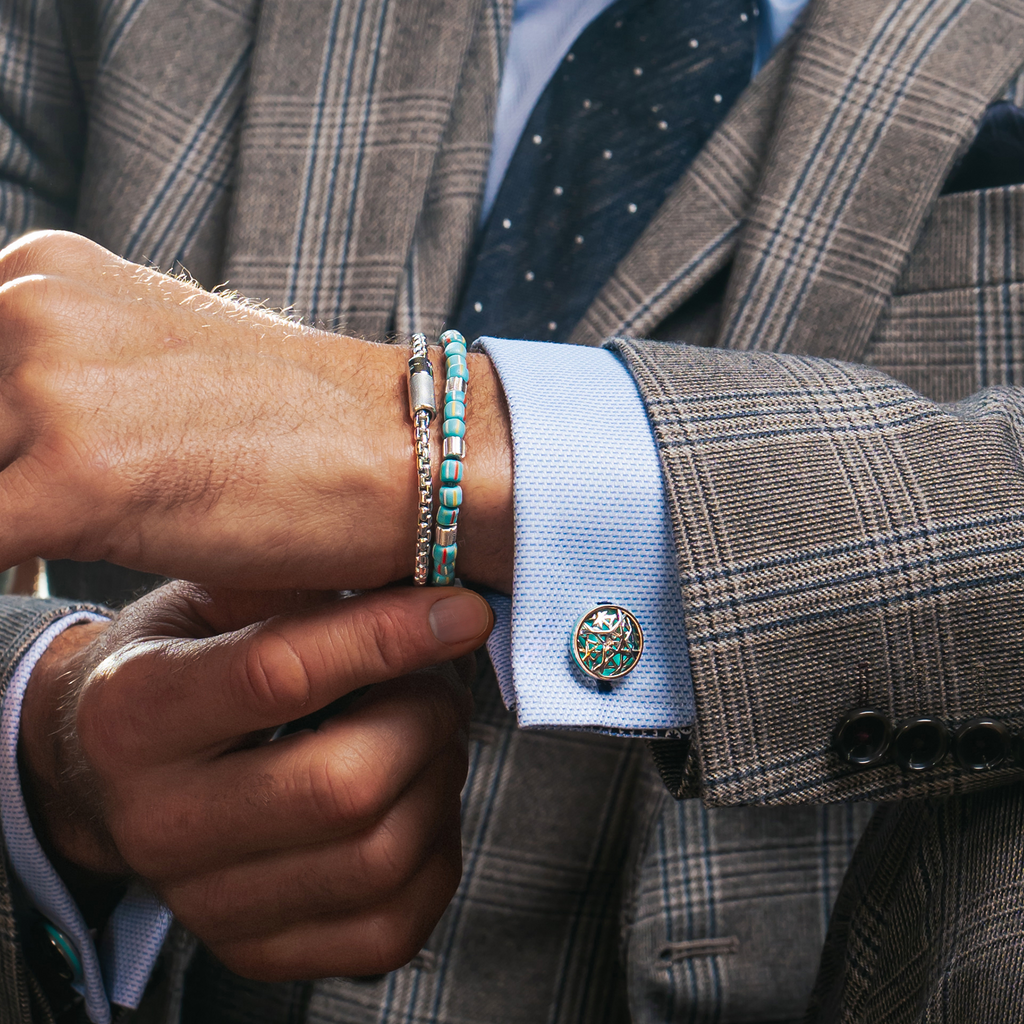 Dome Cutwork Cufflinks In Palladium Plated Base Metal With Turquoise Enamel
