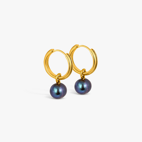 Snake Chain Earrings in Yellow Gold Plated Silver with Black Pearl