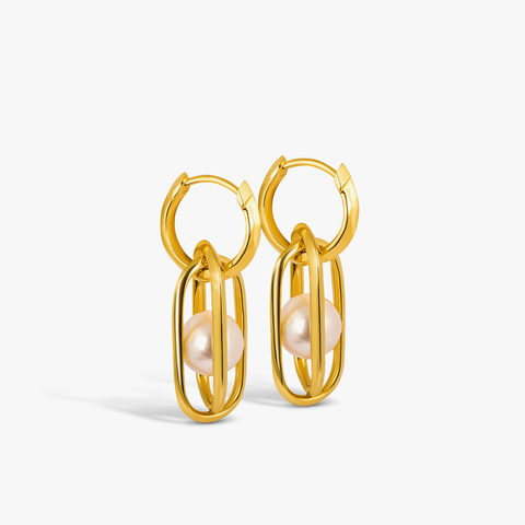 Cage Earrings in Yellow Gold Plated Silver with White Pearl