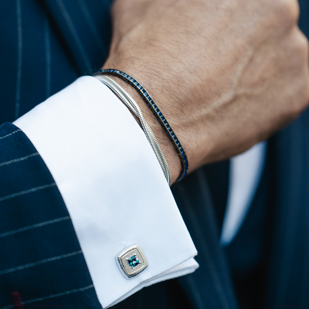 Quadro Tennis Semi-Precious Bracelet In Black Rhodium Plated Sterling Silver With Blue Spinel