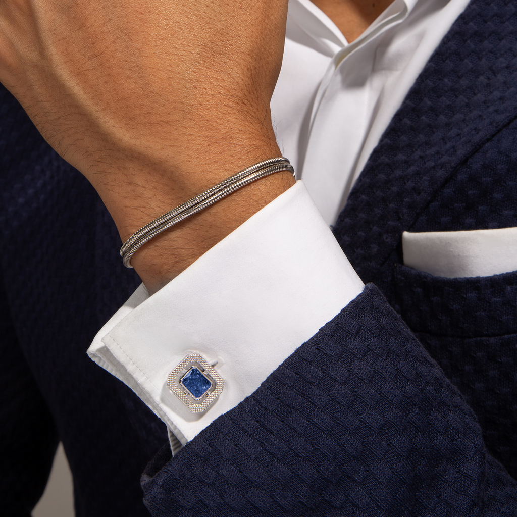 Halo rectangle Blue Cubic Zirconia Cufflinks In Rhodium Plated