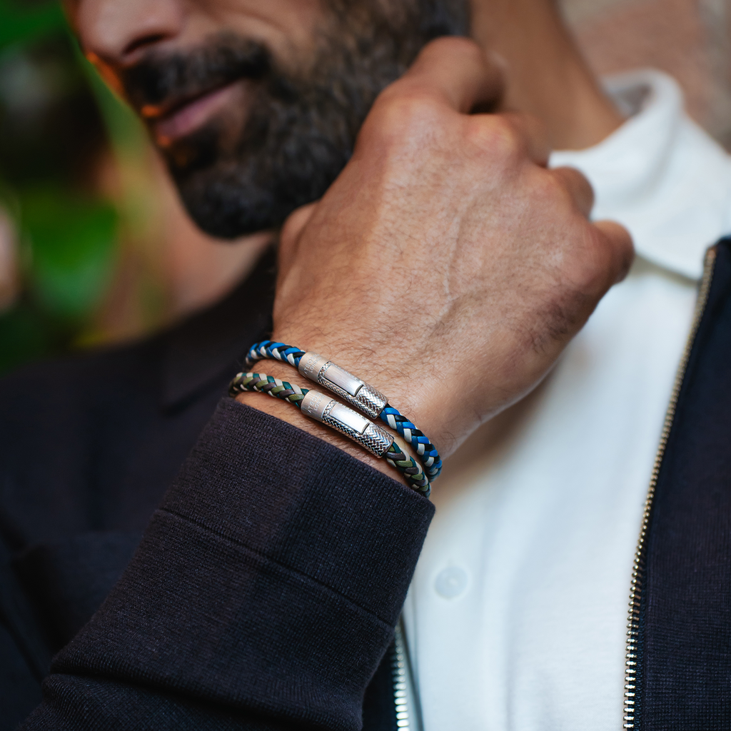 Herringbone Click Multi Pelle Bracelet In Rhodium Plated Sterling Silver With Khaki Leather