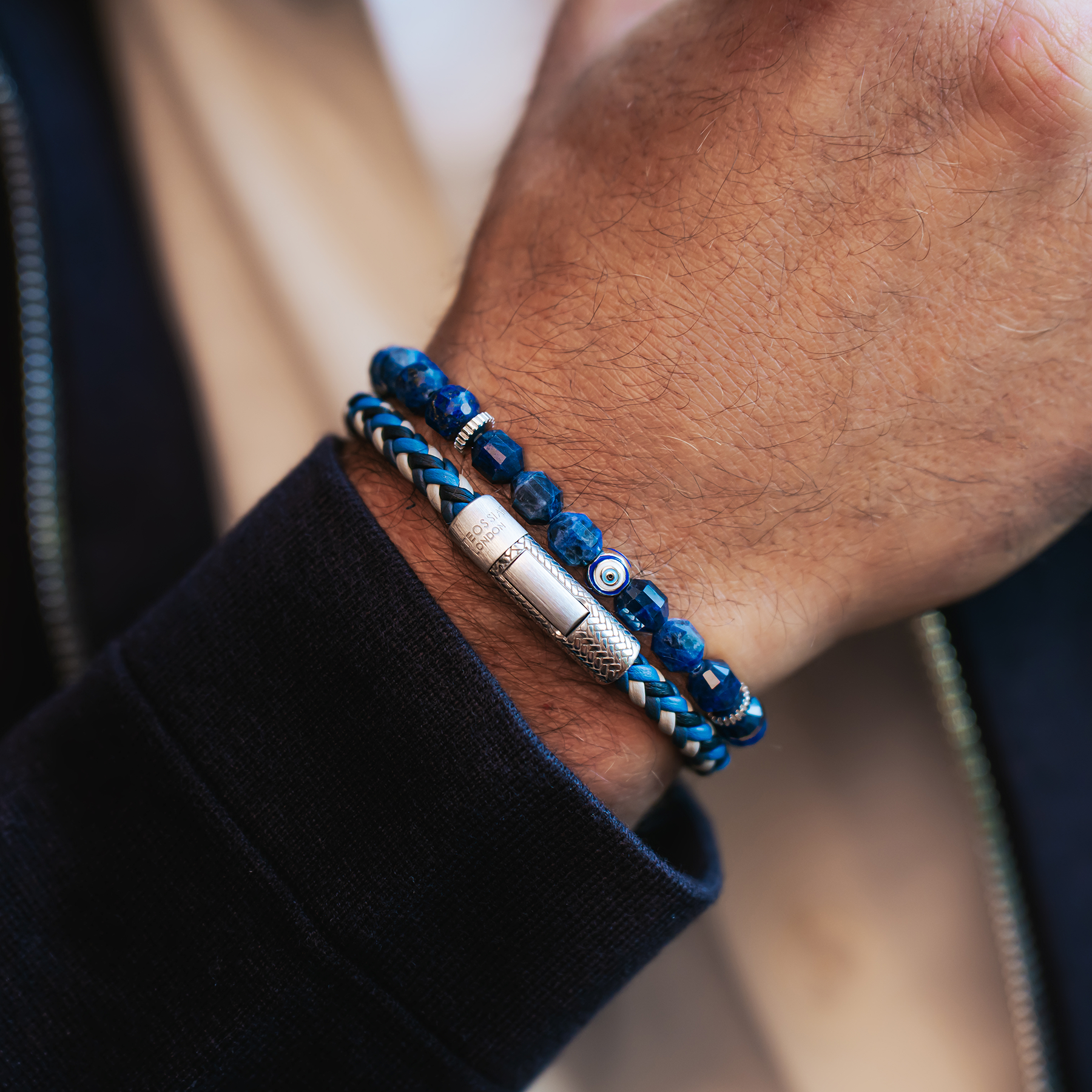 Hexade Evil Eye Bracelet In Rhodium Plated Sterling Silver With Sodalite