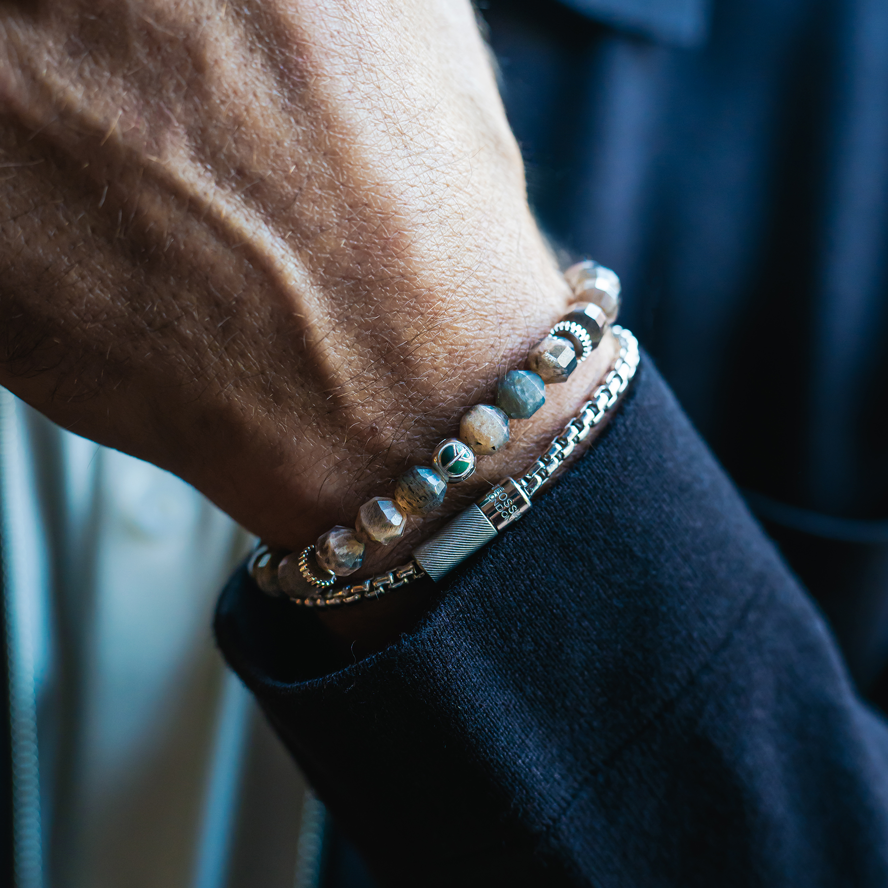 Hexade Peace Bracelet In Rhodium Plated Sterling Silver With Black Moonstone