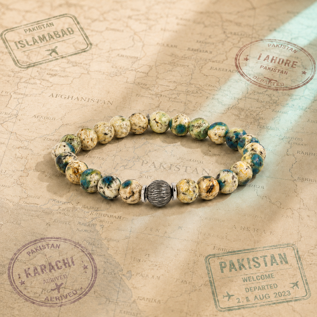 Lhasa Graffiato Beaded Bracelet in Rhodium Silver with Cream and Blue Azurite