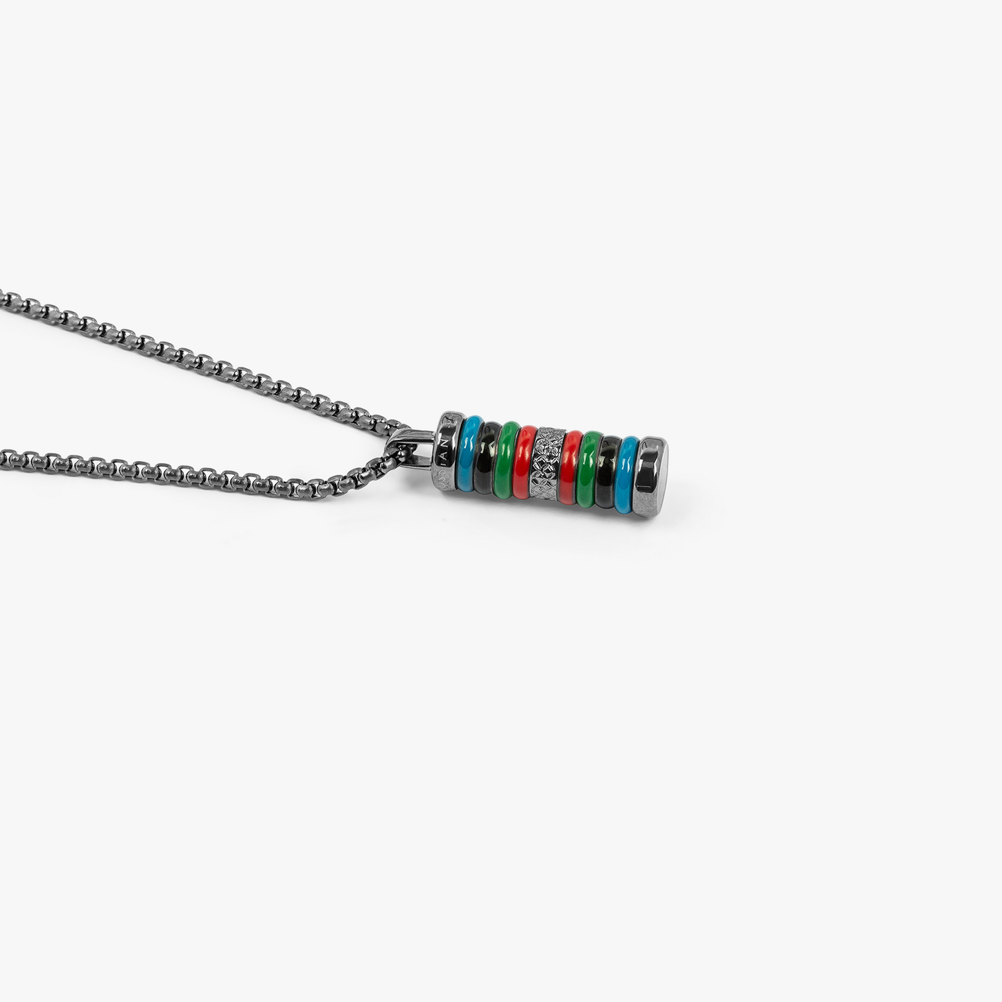 Tokyo Rings Cylinder necklace with multicolour enamel in black IP plated steel