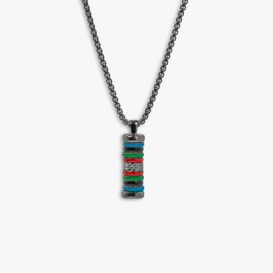Tokyo Rings Cylinder necklace with multicolour enamel in black IP plated steel