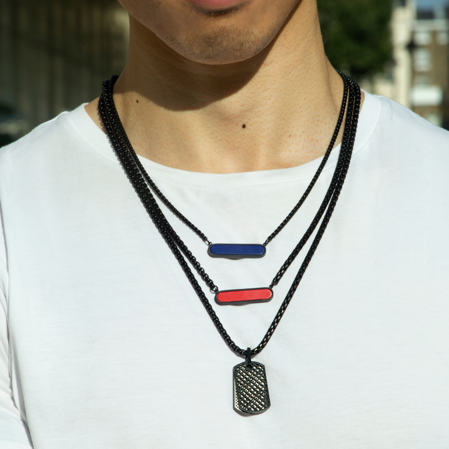 Black IP stainless steel RT Elements necklace with carnelian