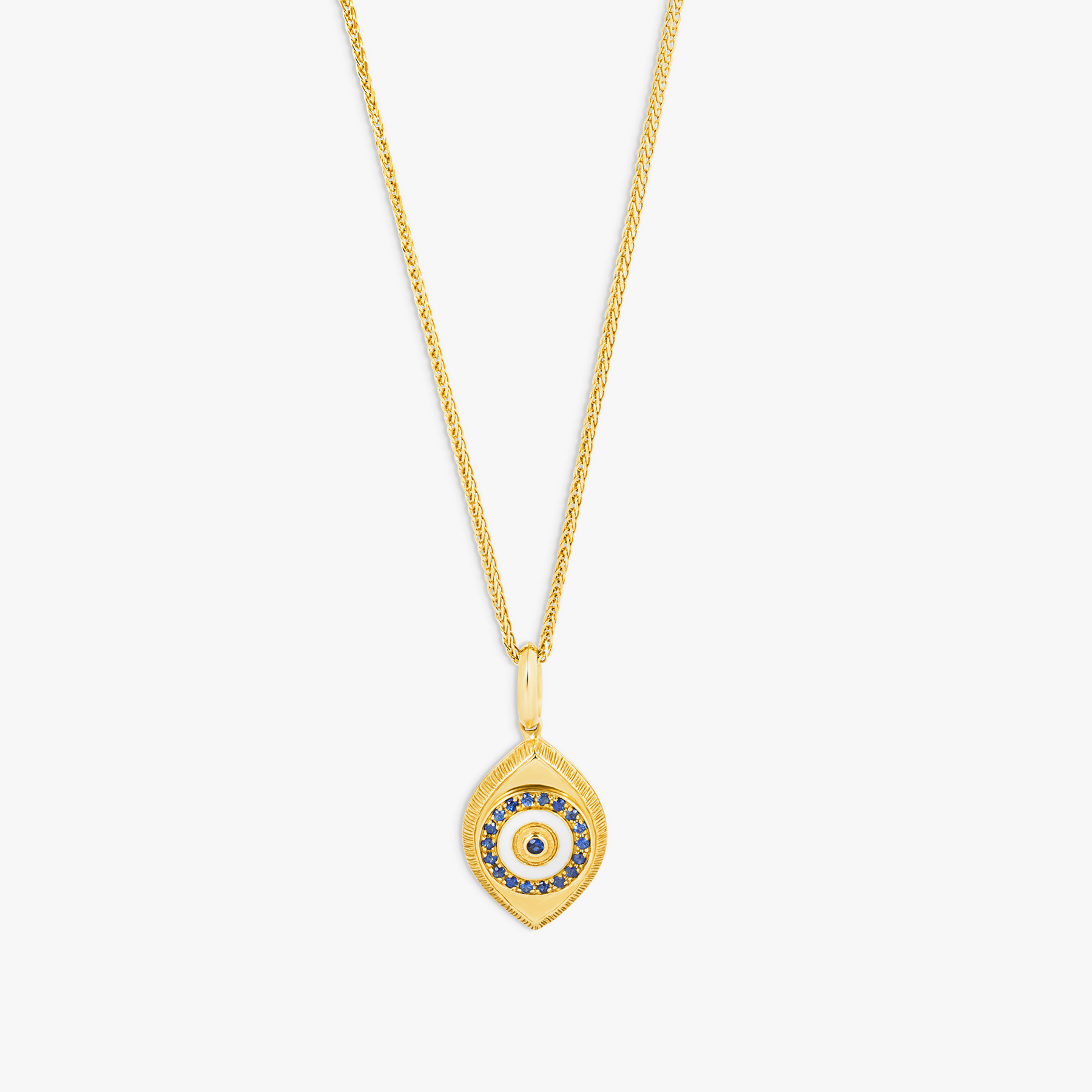 Paros Evil Eye necklace in yellow gold plating with sapphire-set iris, white enamel detail, and box chain.