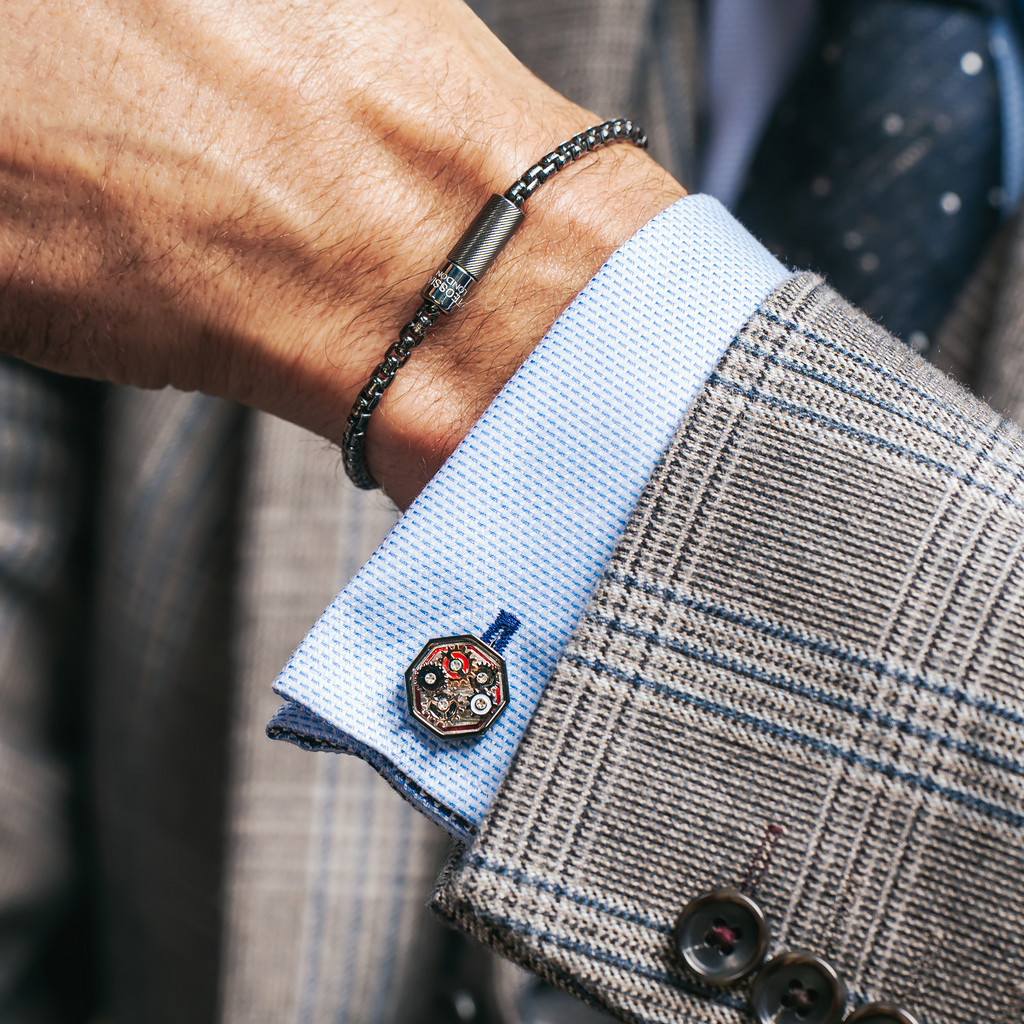 Octo Gear Cufflinks In Gunmetal Plated Base Metal With Red Enamel