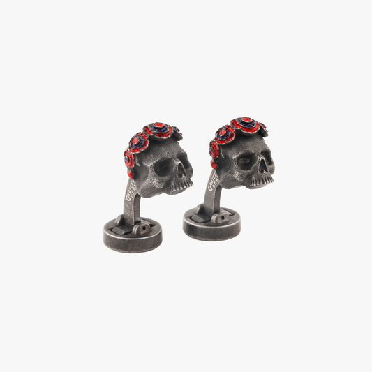 Black IP Plated Stainless Steel Gothic Roses Skull Cufflinks