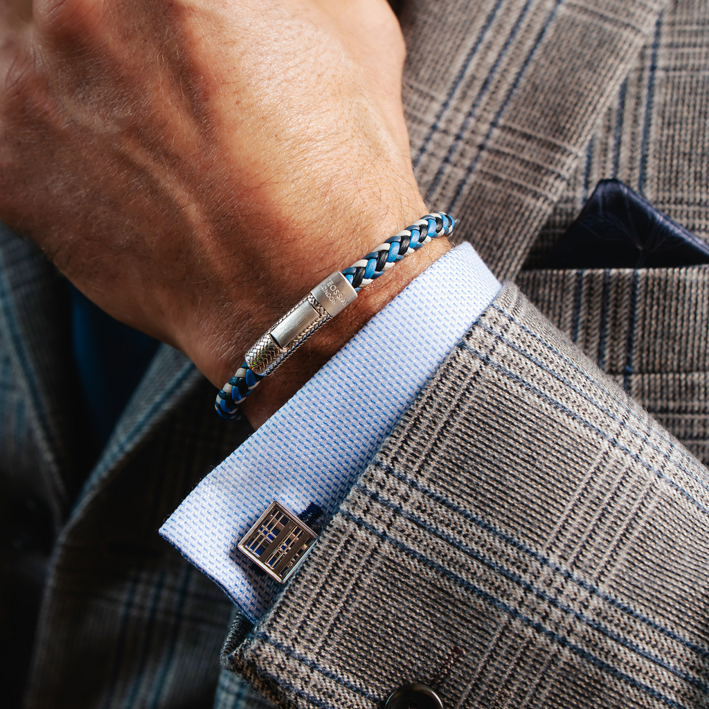 Herringbone Click Multi Pelle Bracelet In Rhodium Plated Sterling Silver With Blue Leather