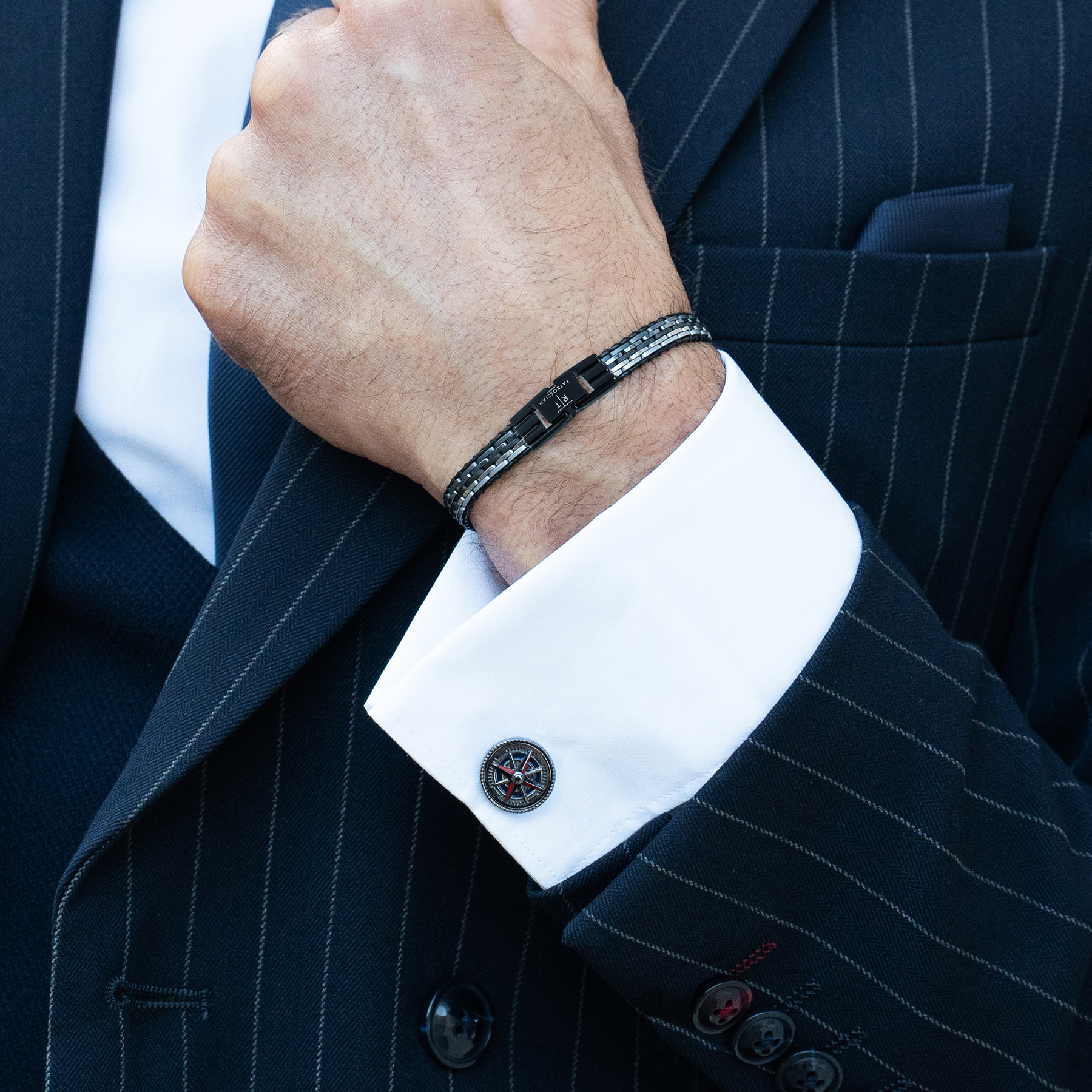 Marine Compass Cufflinks In Palladium Plated Base Metal With Navy Enamel