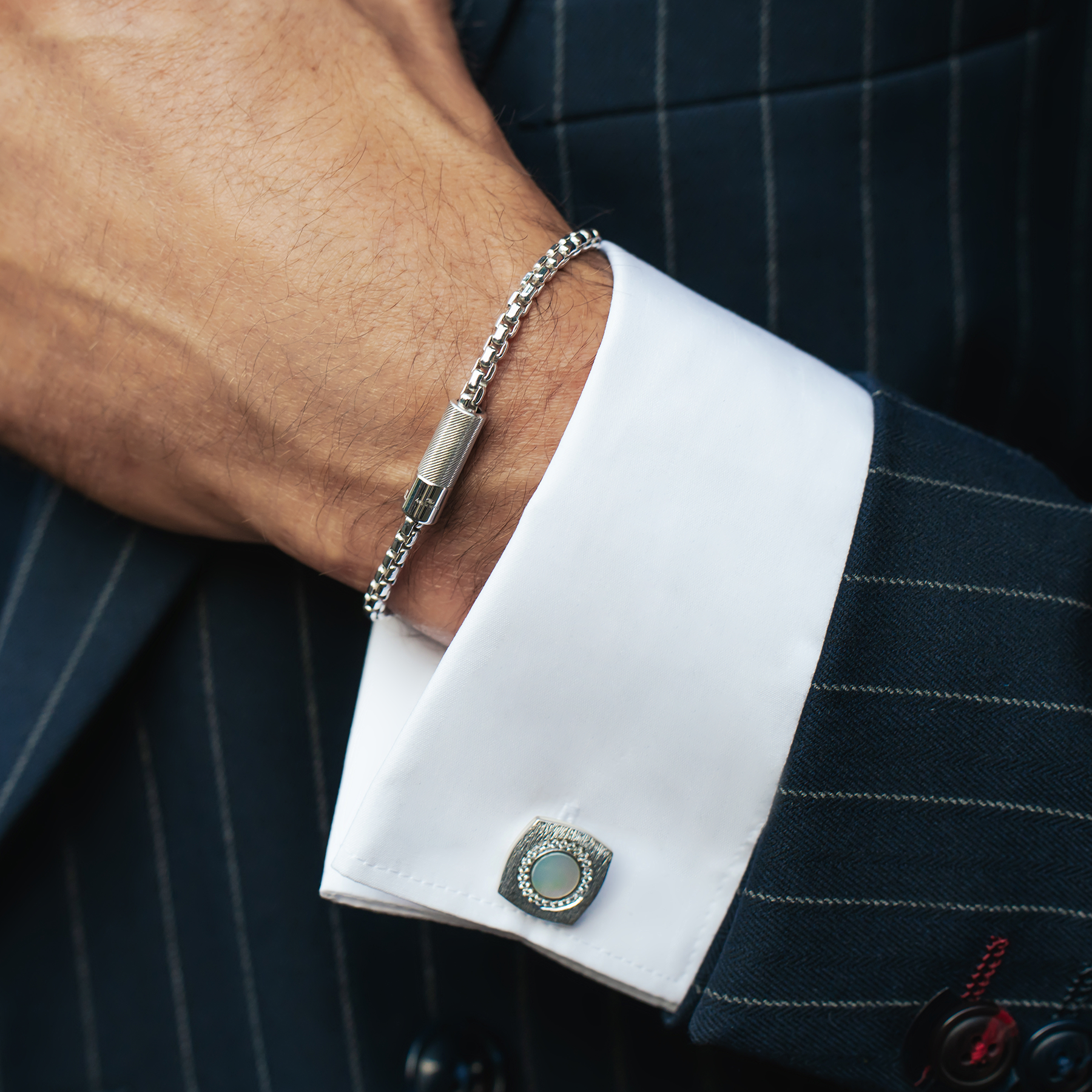 Round Square Graffiato Cufflinks In Rhodium Plated Sterling Silver With White Mother Of Pearl and White Sapphires