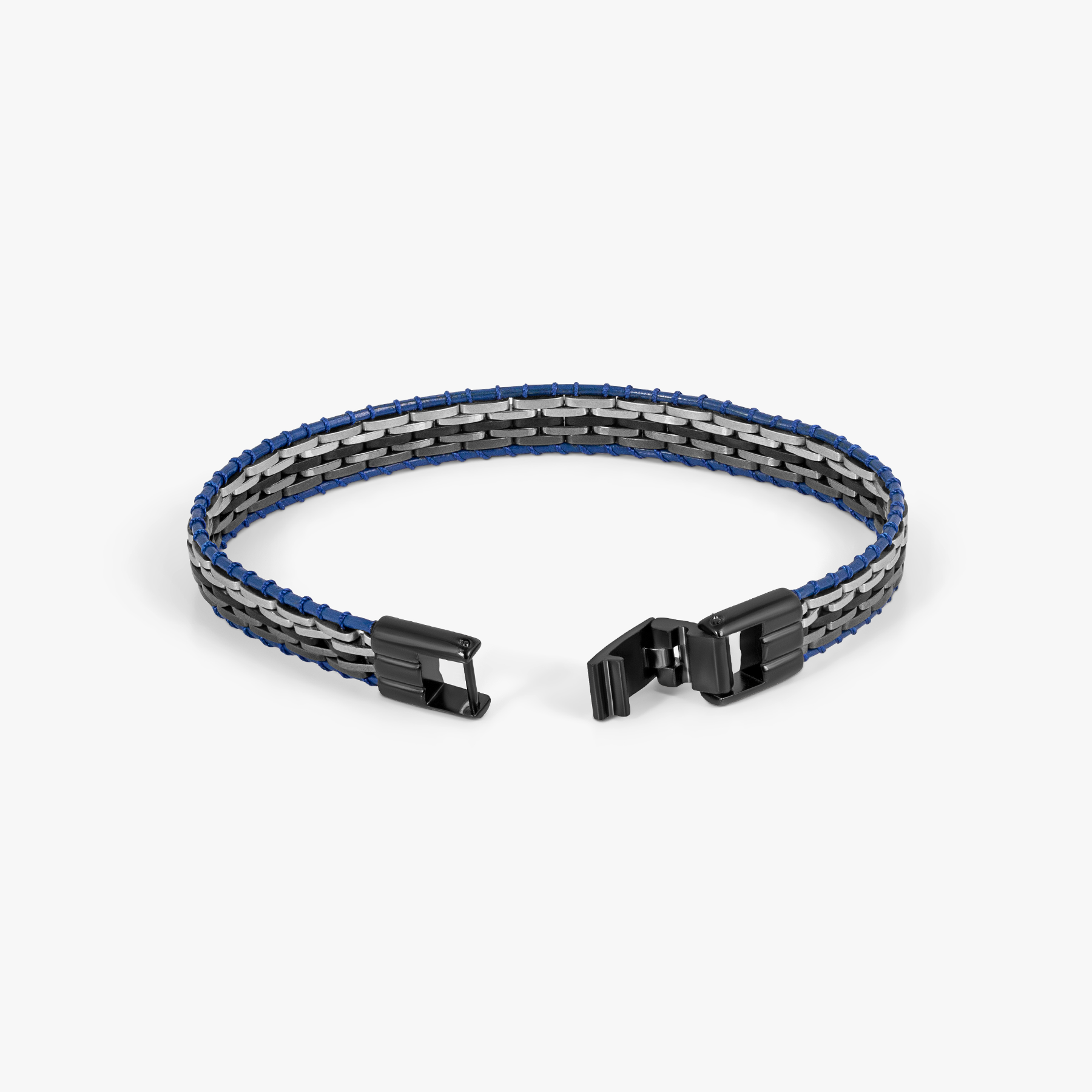 Tessellate Bracelet In Black IP Plated Stainless Steel With Blue Leather
