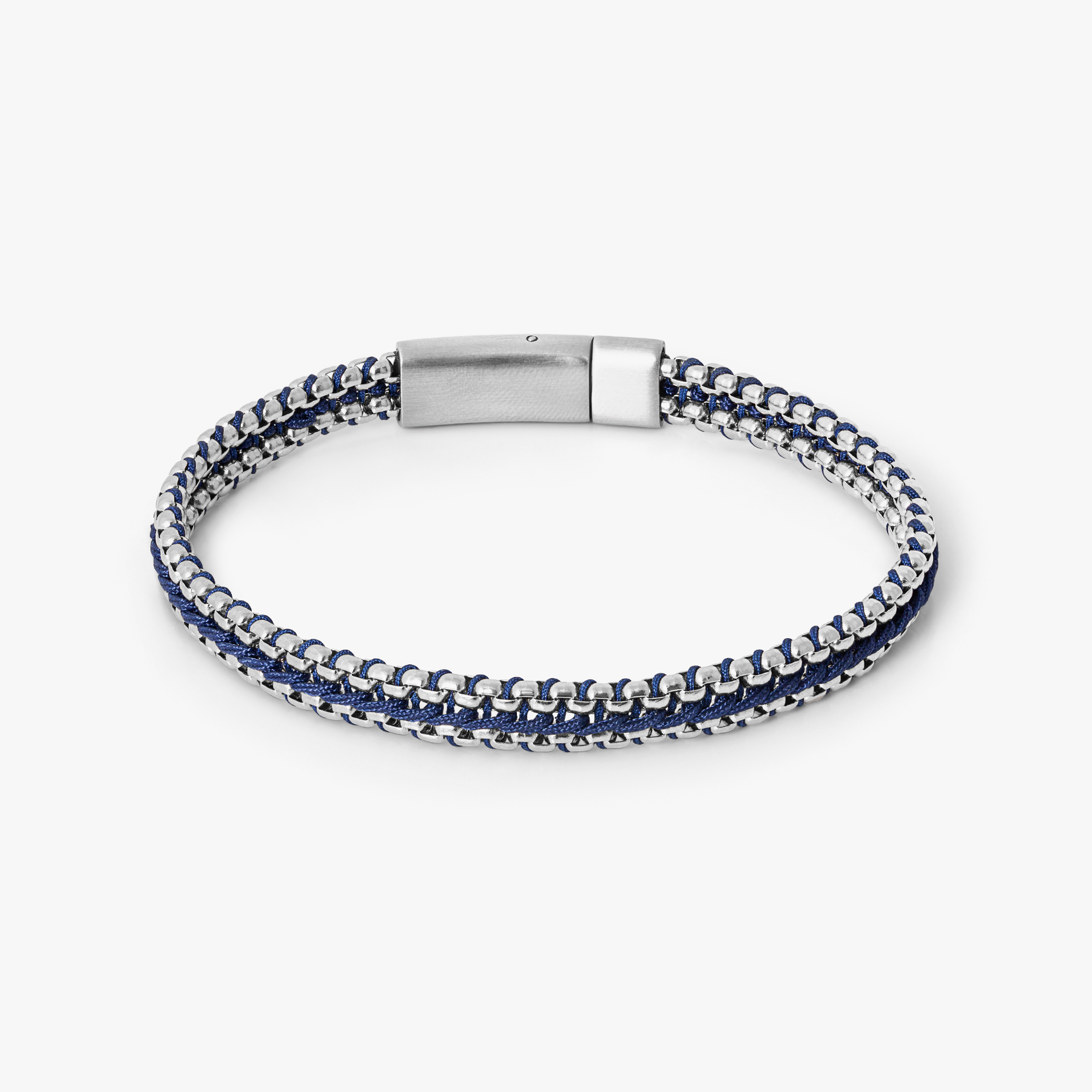 Tris Button bracelet in stainless steel with interlocking chain links, blue thread centre detail, and brushed button clasp.