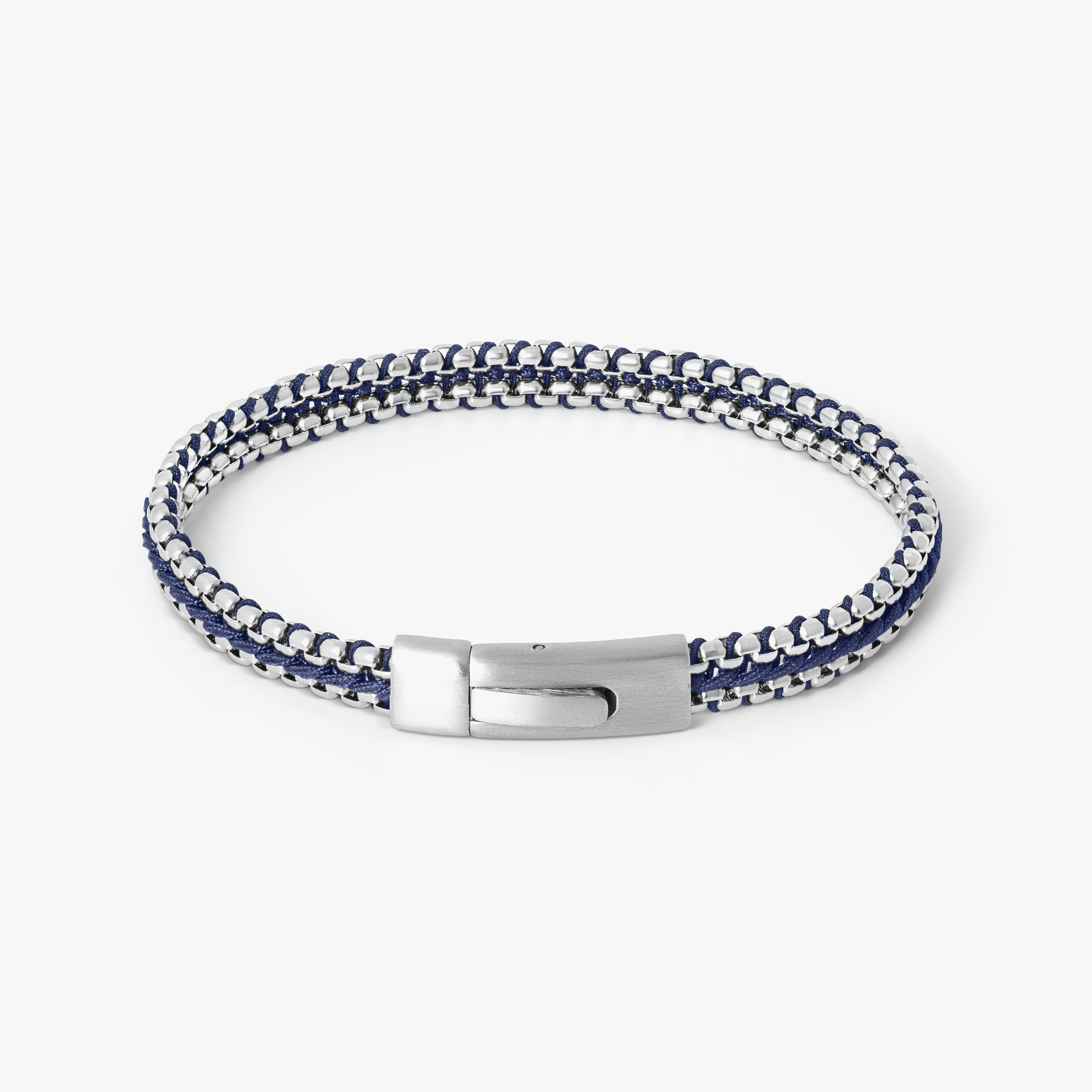Tris Button bracelet in stainless steel with interlocking chain links, blue thread centre detail, and brushed button clasp.