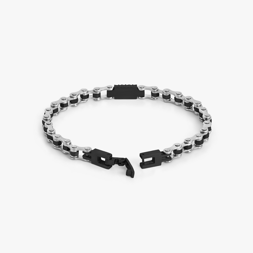 Bici chain bracelet in stainless steel with interlocking 6mm links and engraved central ID plate in Tateossian diamond pattern.