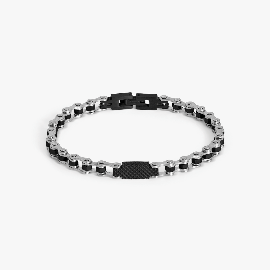 Bici chain bracelet in stainless steel with interlocking 6mm links and engraved central ID plate in Tateossian diamond pattern.