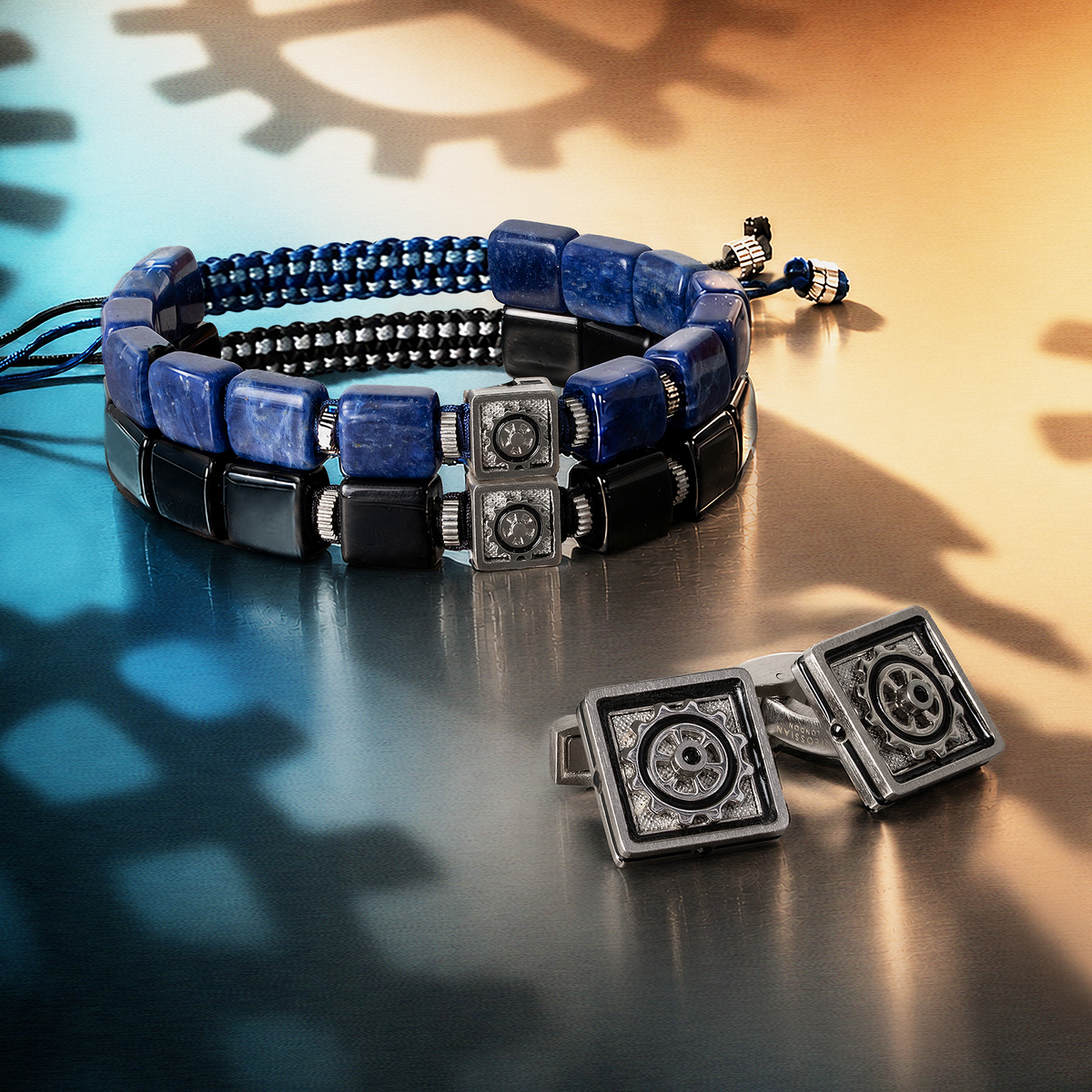 Nautical Gear Bracelet in Black Agate & Swarovski Stone With Stainless Steel