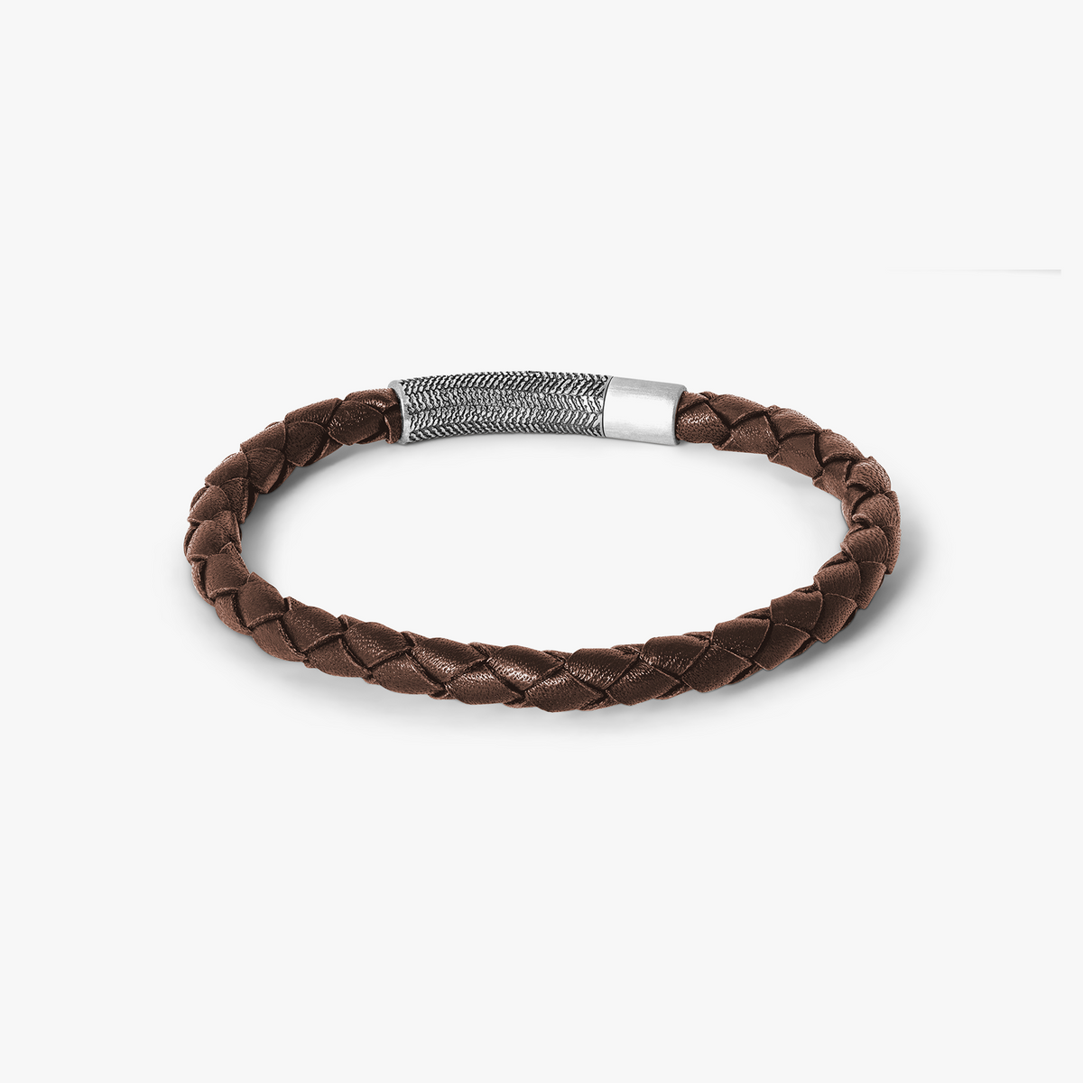 Vintage Herringbone Click Leather Bracelet In Brown with Stainless Steel