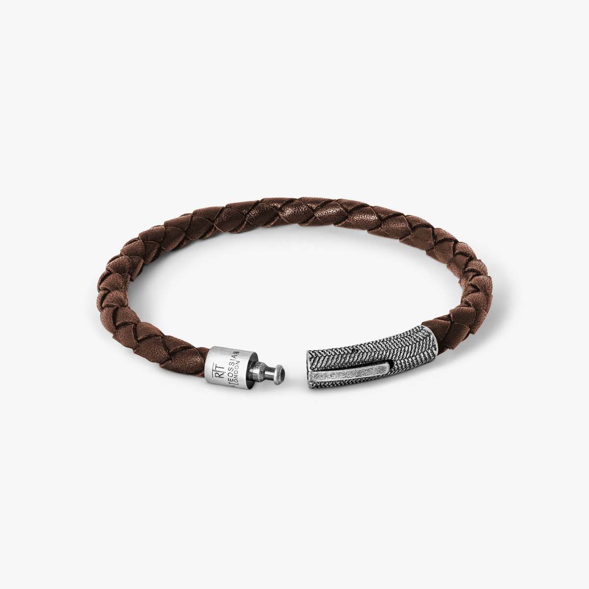 Vintage Herringbone Click Leather Bracelet In Brown with Stainless Steel