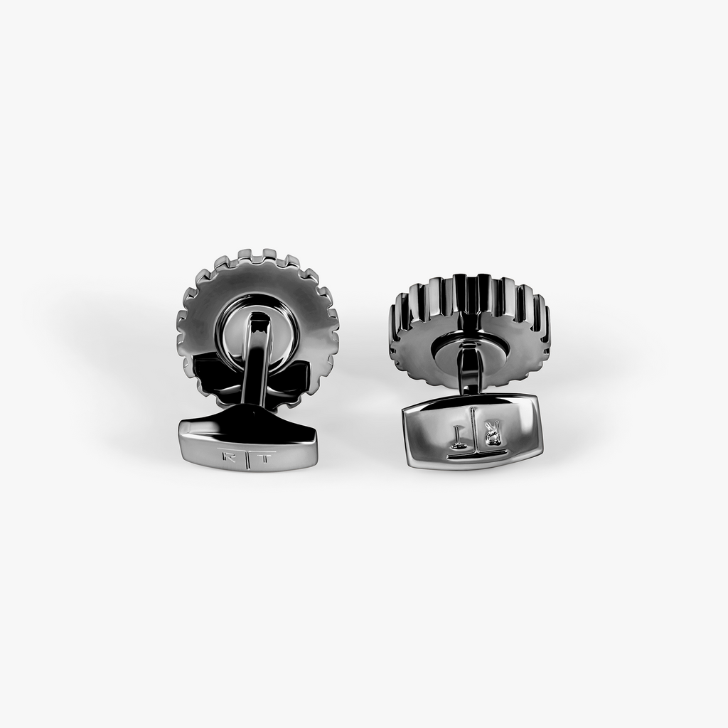 Rotare Gear Cufflinks In Gunmetal Plated Base Metal With Blue Mother Of Pearl