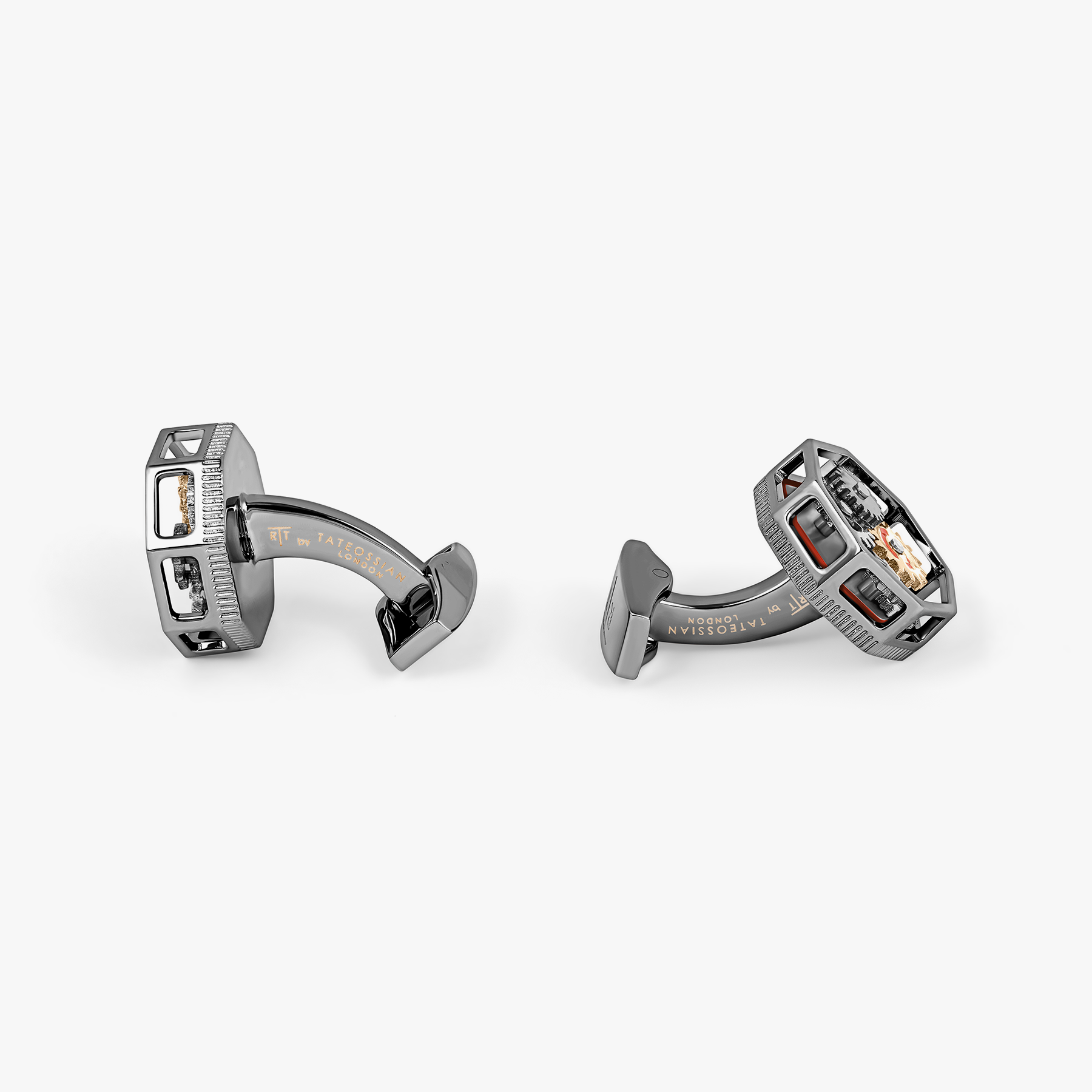 Octo Gear Cufflinks In Gunmetal Plated Base Metal With Red Enamel