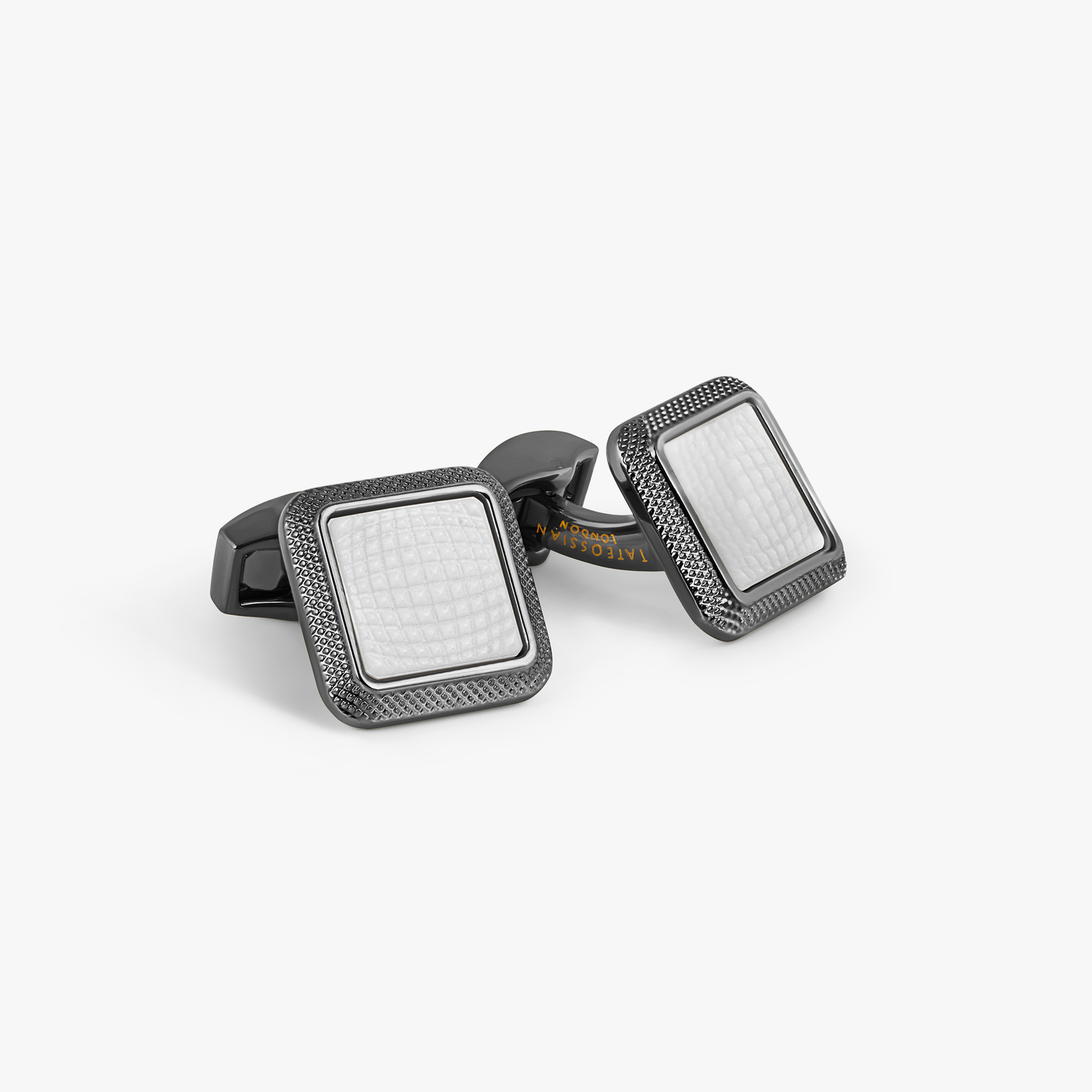 Spazio Square Semi Precious Cufflinks In Gunmetal Plated Base Metal With White Mother Of Pearl