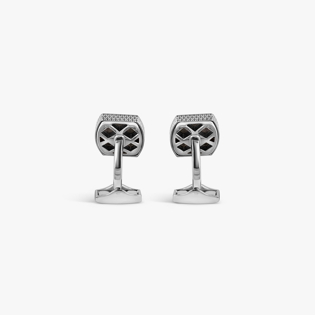 A pair of palladium-plated base metal cufflinks with a 3D Ascot-inspired horse design, featuring black mother of pearl inlay and black hand-painted enamel borders.
