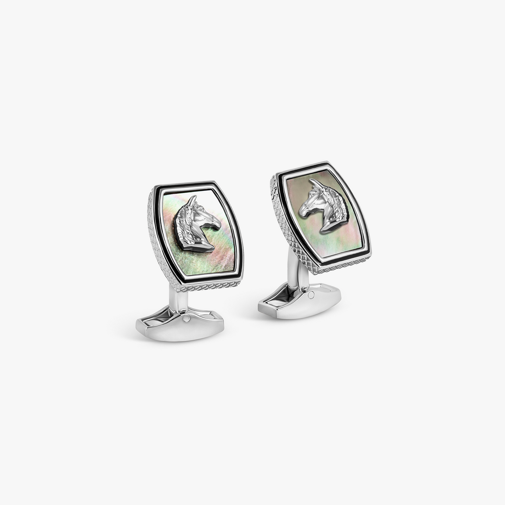 A pair of palladium-plated base metal cufflinks with a 3D Ascot-inspired horse design, featuring black mother of pearl inlay and black hand-painted enamel borders.