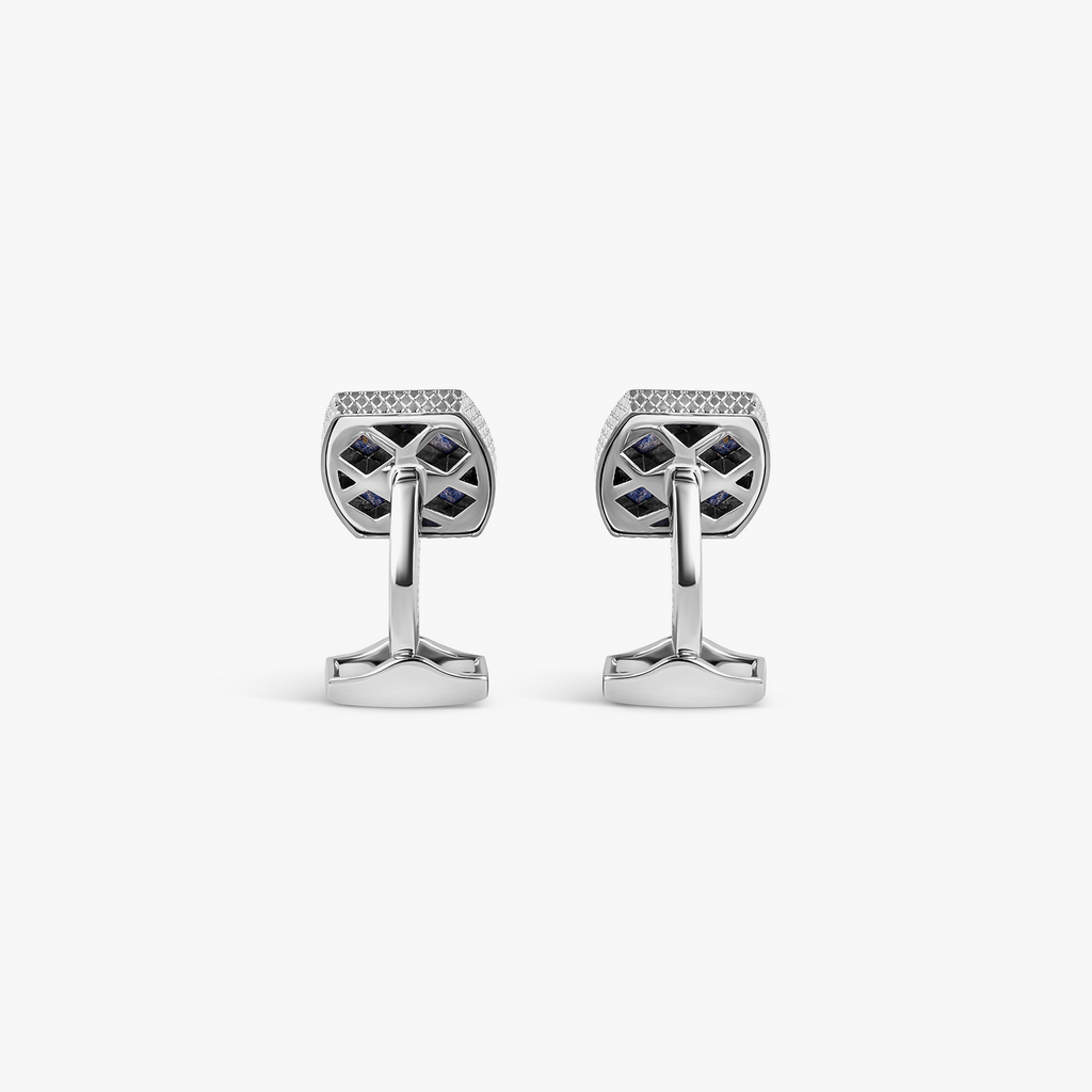 A pair of palladium plated cufflinks featuring an Ascot-inspired horse design with a blue lapis background and navy hand-painted enamel border.