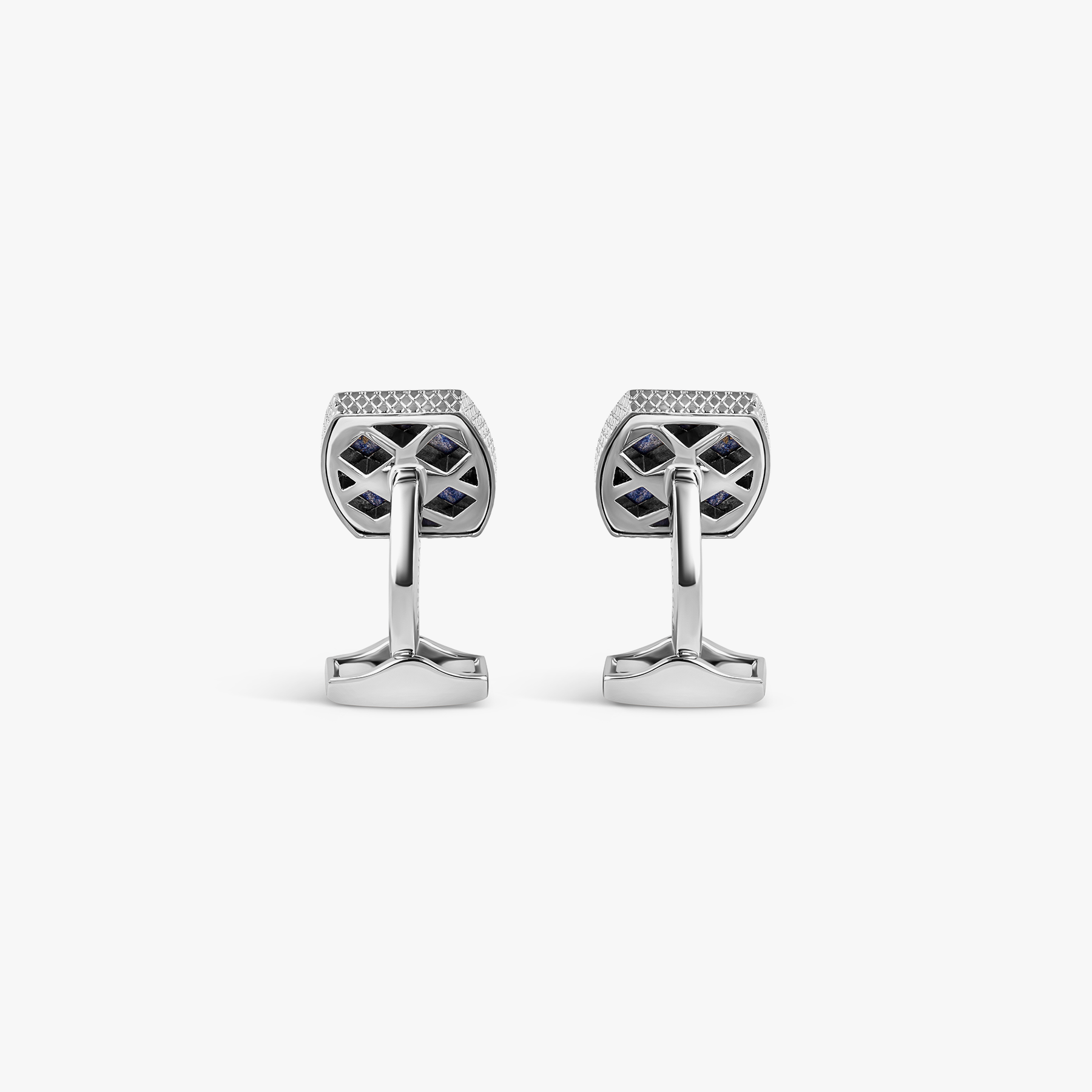 A pair of palladium plated cufflinks featuring an Ascot-inspired horse design with a blue lapis background and navy hand-painted enamel border.