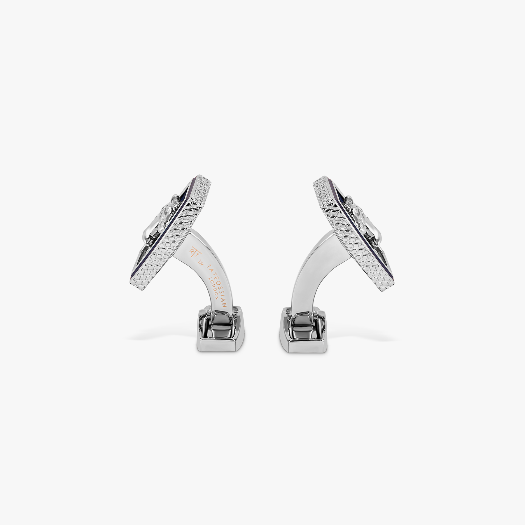 A pair of palladium plated cufflinks featuring an Ascot-inspired horse design with a blue lapis background and navy hand-painted enamel border.