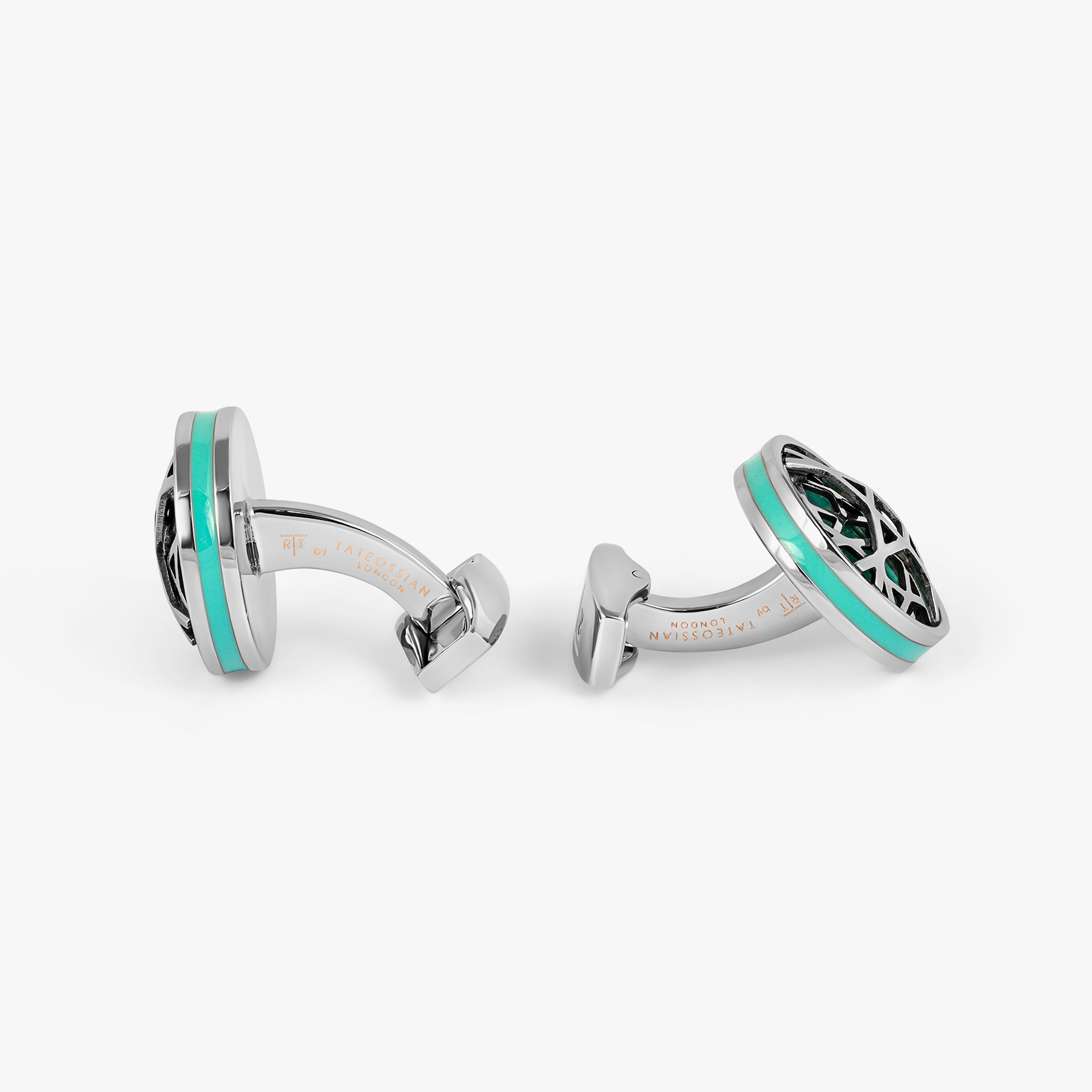 Dome Cutwork Cufflinks In Palladium Plated Base Metal With Turquoise Enamel
