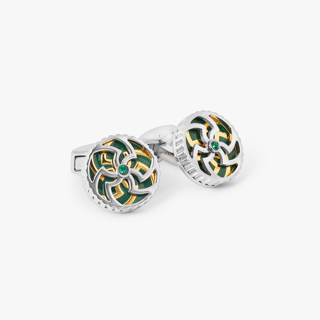 Rotating Trinity cufflinks in green enamel with Swarovski crystal, featuring a rotating Celtic Triskelion and Trinity Knot design in gold and palladium finish.