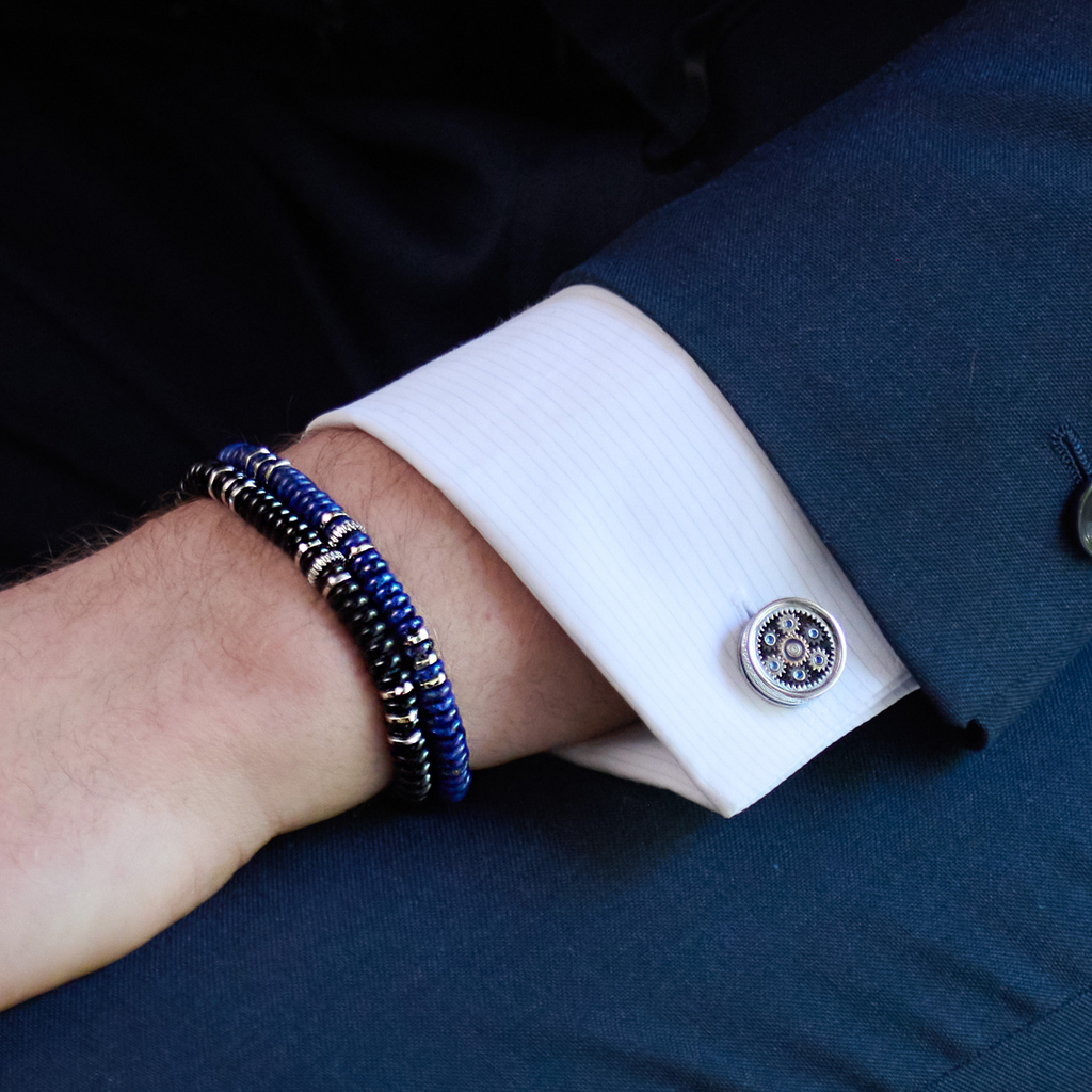 Septa Gear Cufflinks In Rose Gold & Palladium, With Carbon Fibre