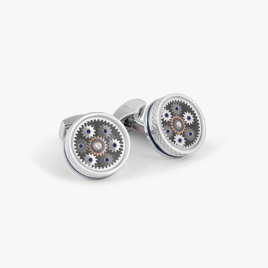 Septa Gear Cufflinks In Rose Gold & Palladium, With Carbon Fibre
