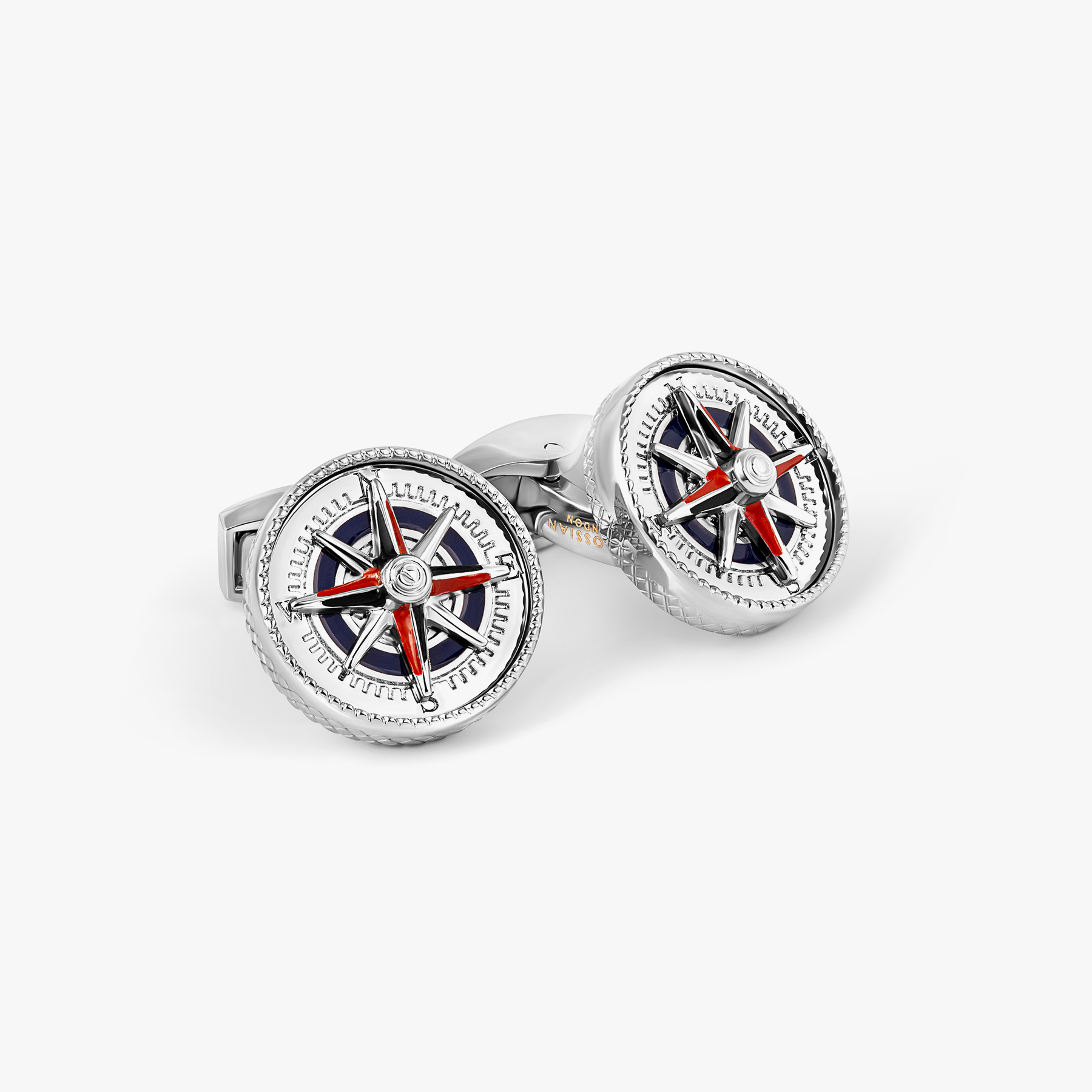 Marine Compass Cufflinks In Palladium Plated Base Metal With Navy Enamel
