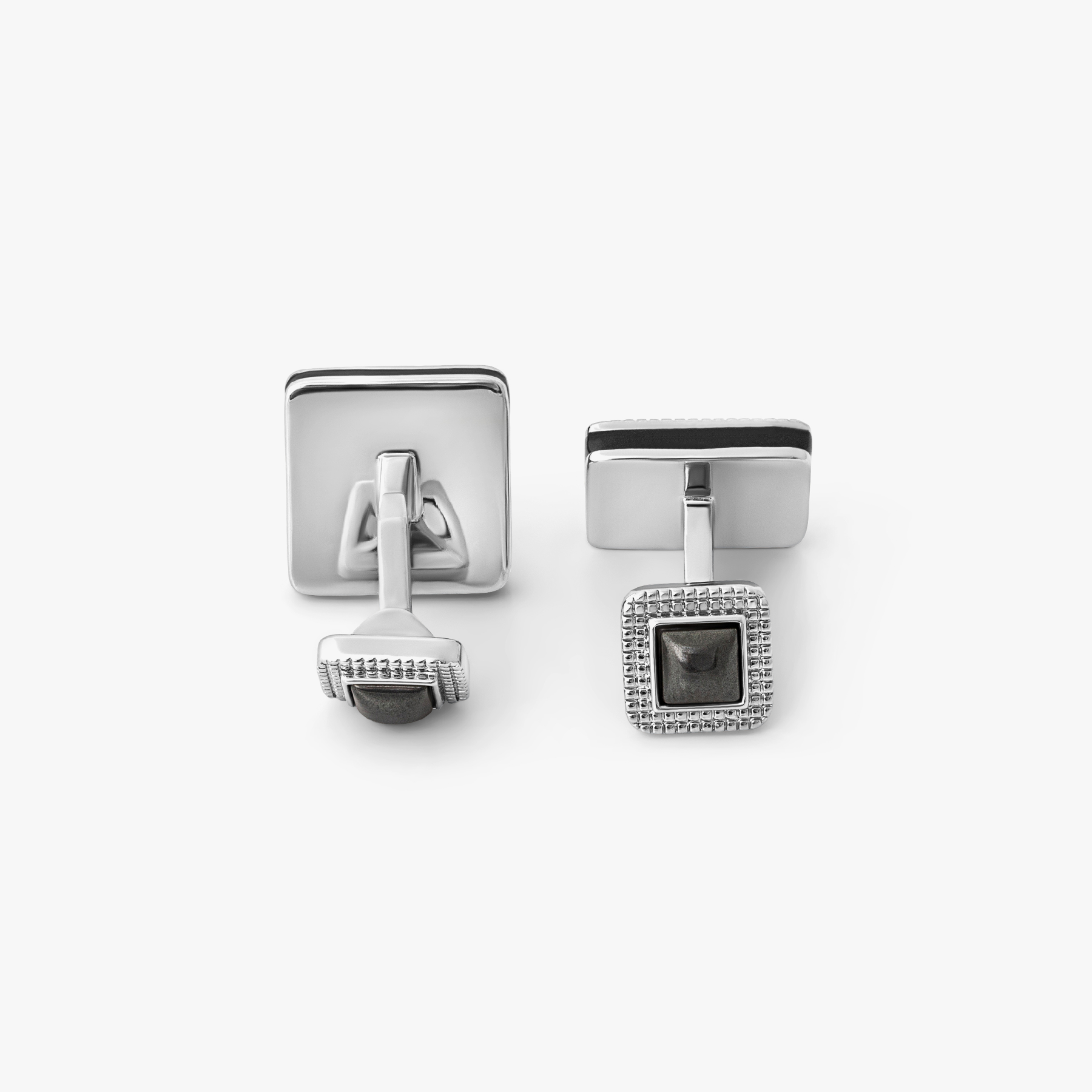 Duo cabochon cufflinks with hematite in palladium-plated metal, featuring square design with double-sided domed stone ends.