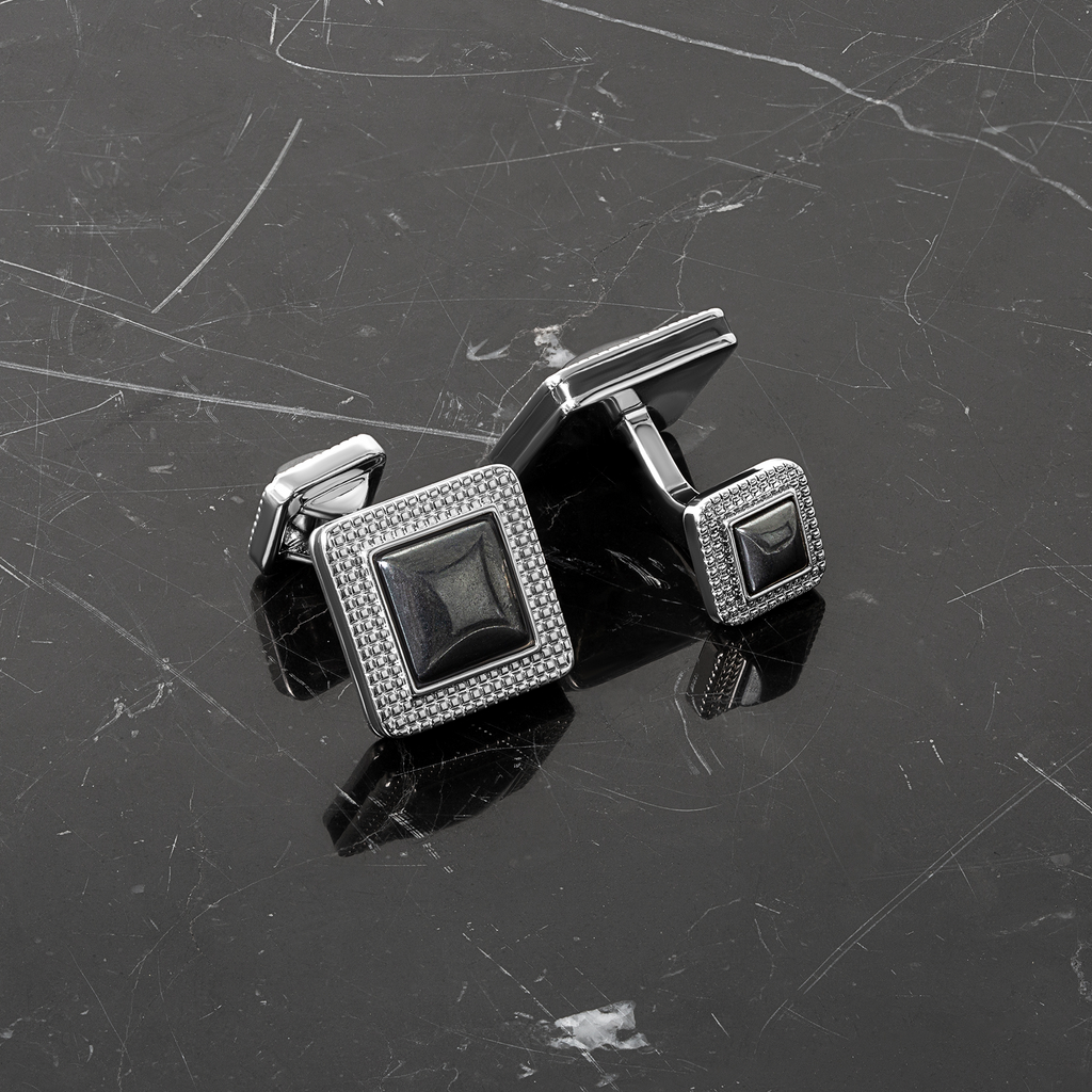 Duo cabochon cufflinks with hematite in palladium-plated metal, featuring square design with double-sided domed stone ends.