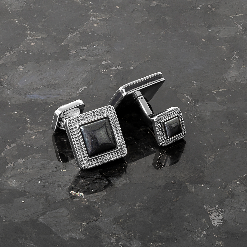 Duo cabochon cufflinks with hematite in palladium-plated metal, featuring square design with double-sided domed stone ends.