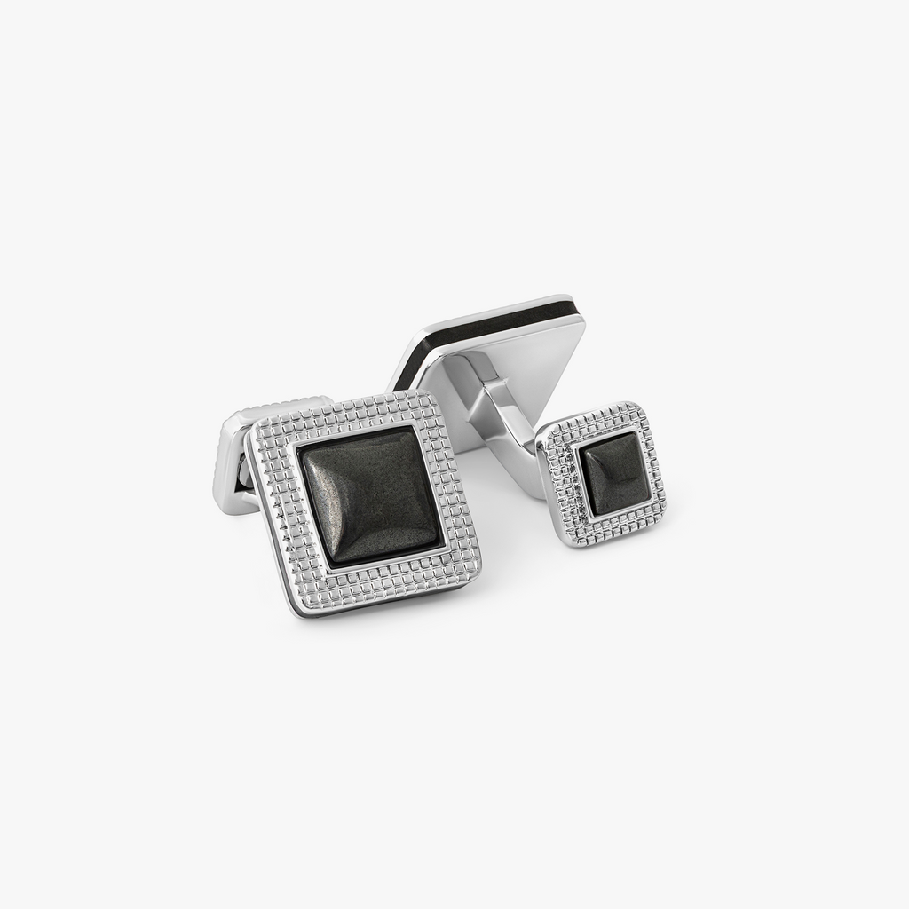 Duo cabochon cufflinks with hematite in palladium-plated metal, featuring square design with double-sided domed stone ends.