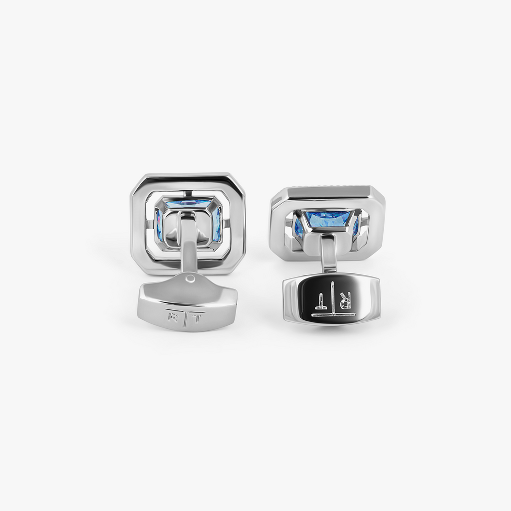 Halo rectangle Blue Cubic Zirconia Cufflinks In Rhodium Plated