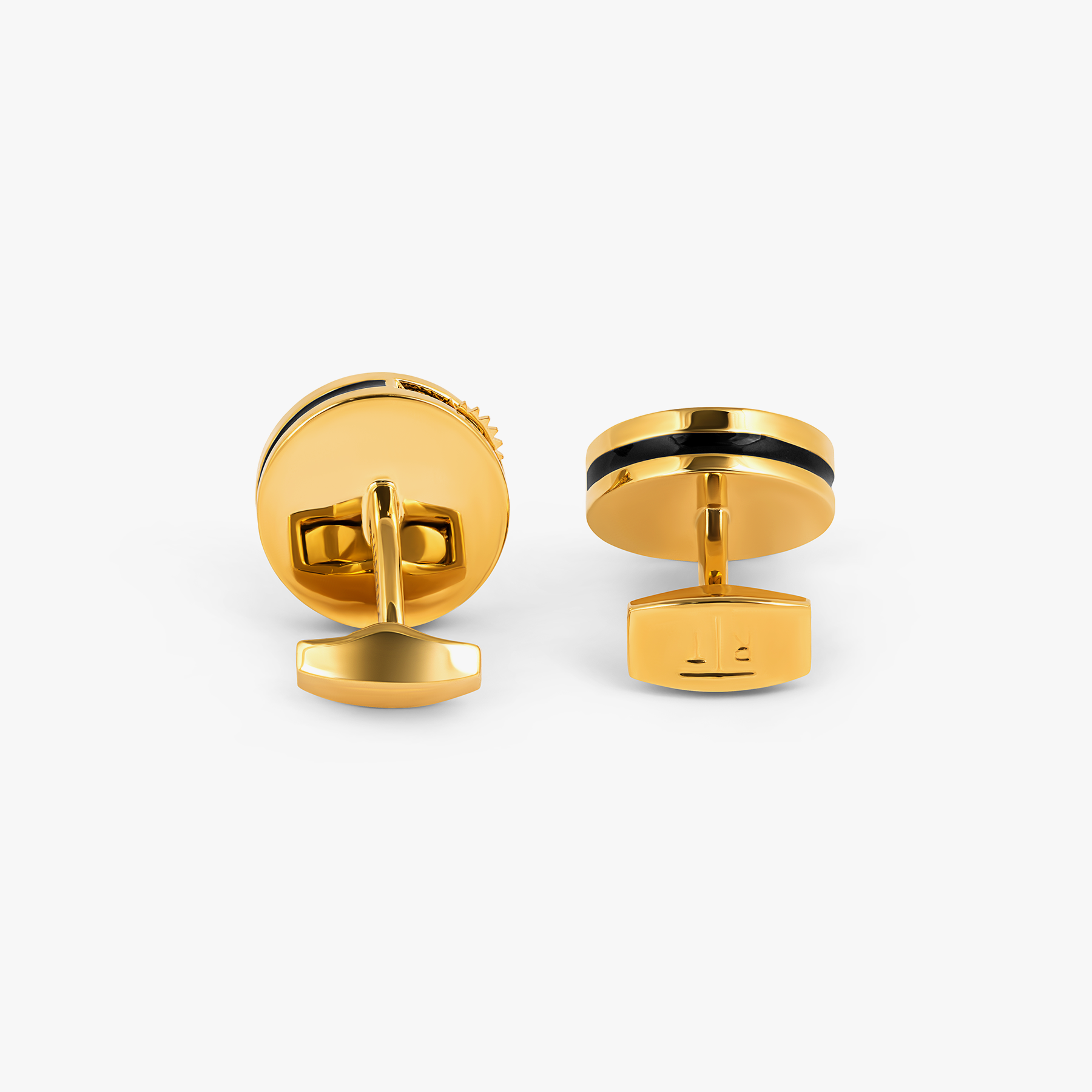 Carousel Gear Cufflinks In Yellow Gold Plated Base Metal With Black Enamel