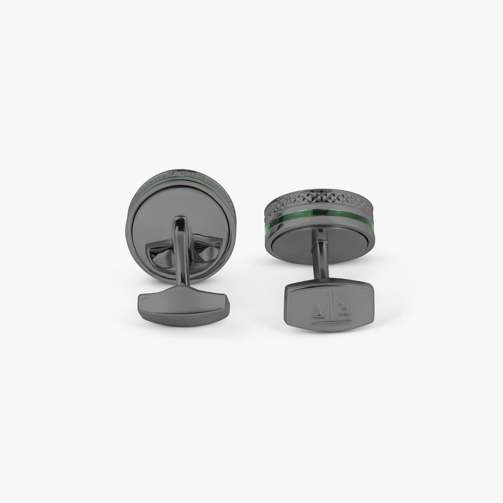 Septa Gear cufflinks in rose and yellow gold tones with grey Alutex, featuring rotating interlocking gears and a central cubic zirconia.