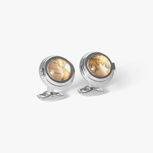 Porthole Picture Frame Cufflink in White Bronze with Vintage World Map