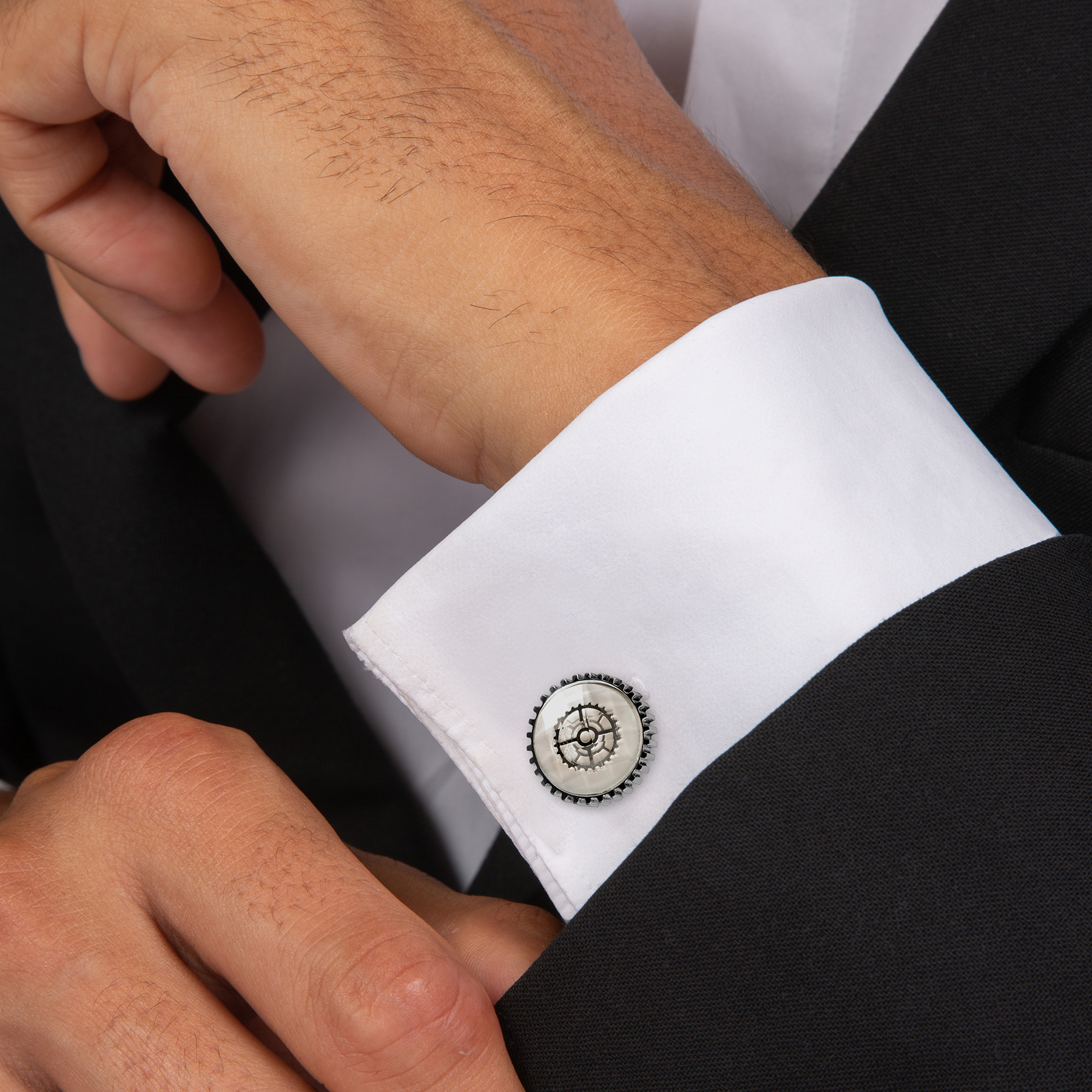 Titanium Quartz Glass Gear Cufflink in White MOP