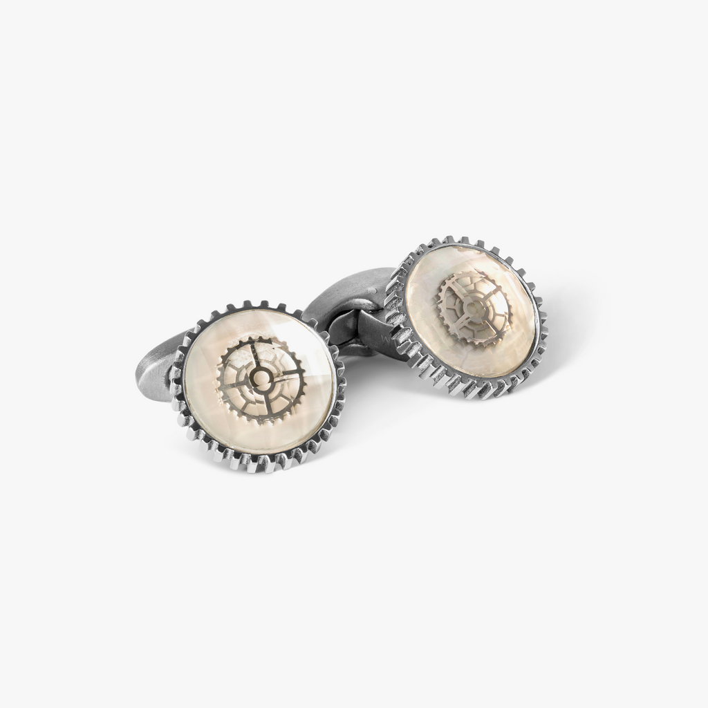 Titanium Quartz Glass Gear Cufflink in White MOP