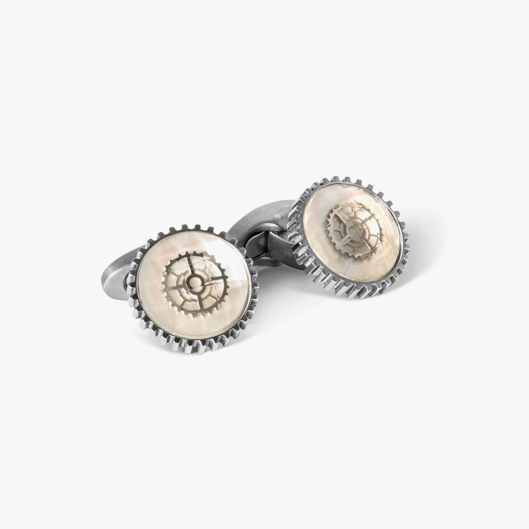 Titanium Quartz Glass Gear Cufflink in White MOP
